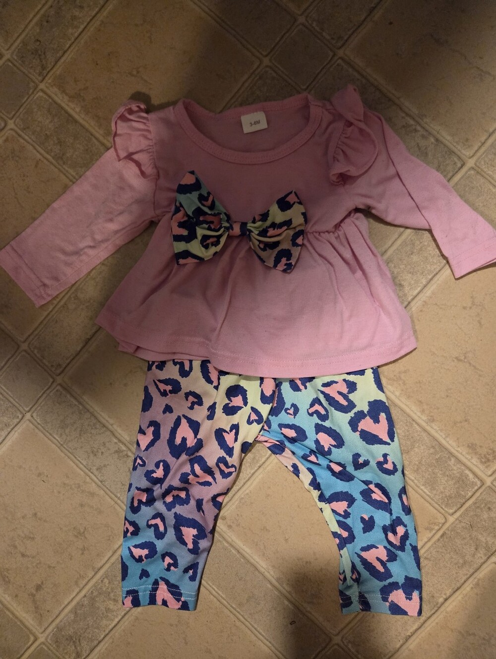 Pink Bow Trim Girls Pajama Set with Colorful Leopard Leggings